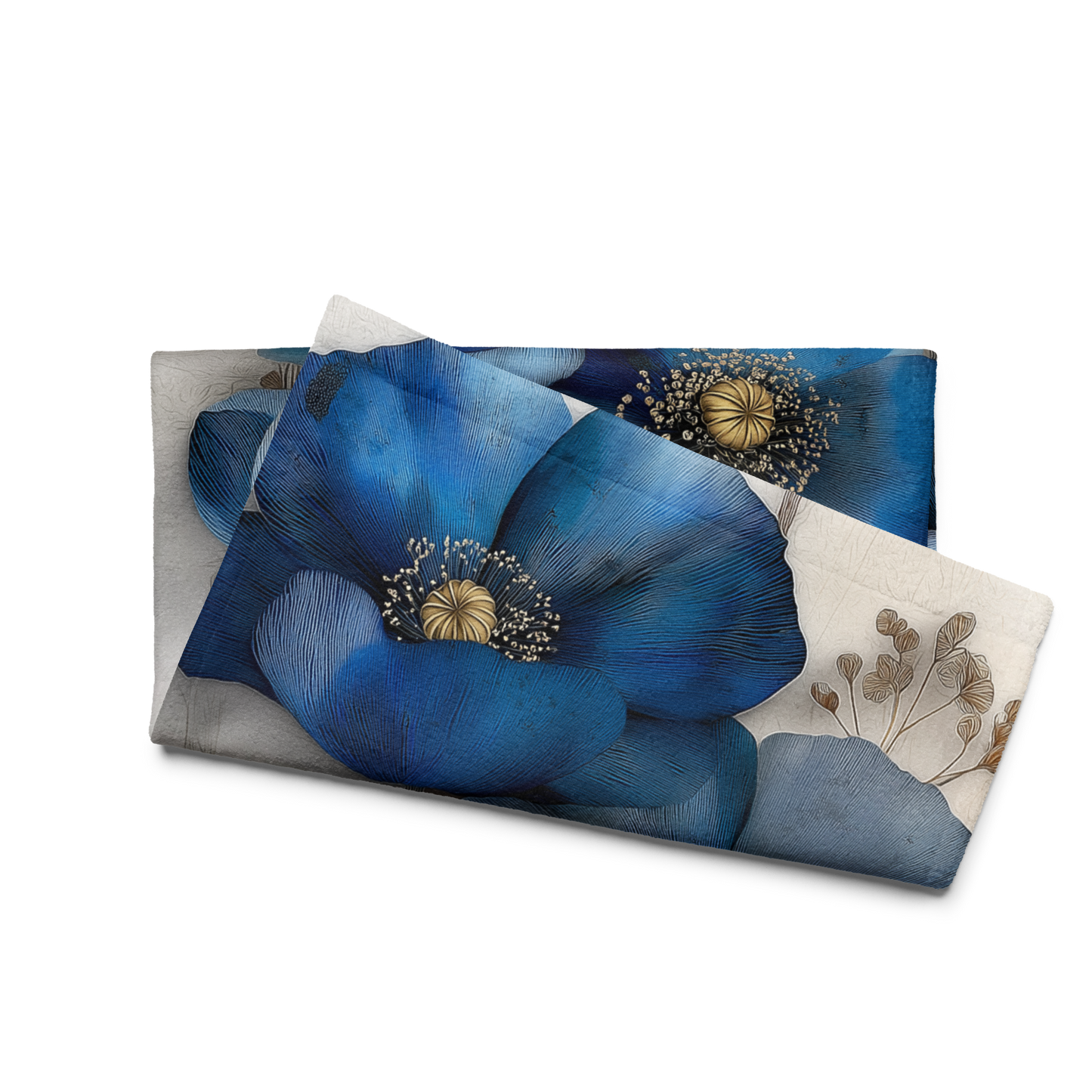Indigo Poppies Hand Towel III — Soft Print Front, Absorbent Cotton Back (16" × 28")