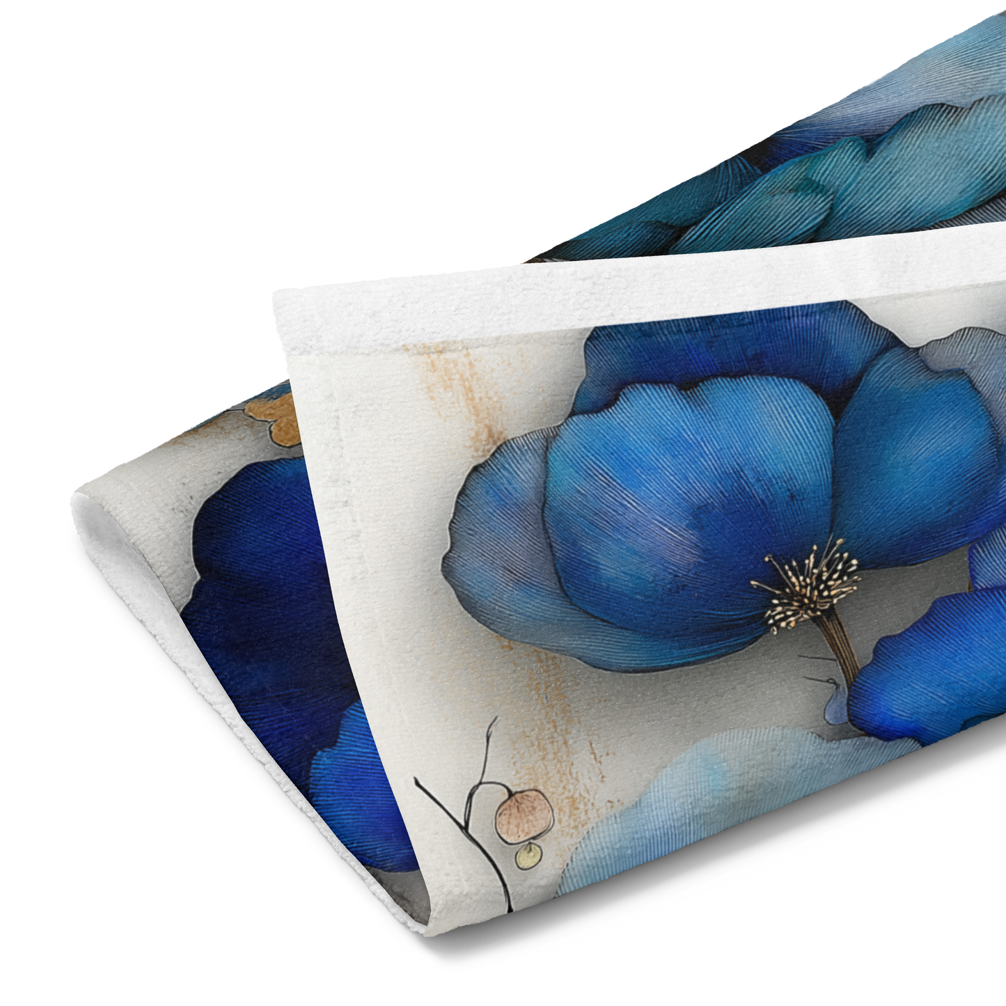 Indigo Poppies Hand Towel I — Soft Print Front, Absorbent Cotton Back (16" × 28")