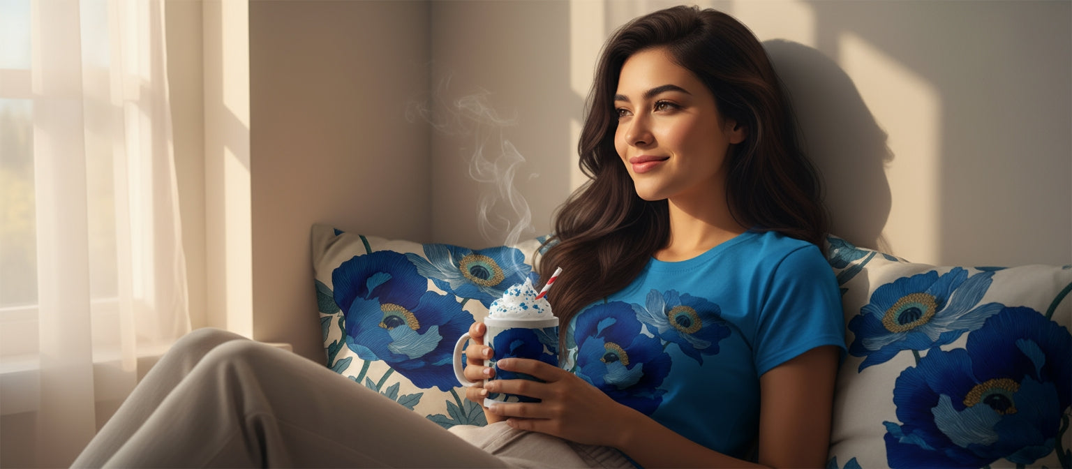 Woman sitting on a floral couch holding a steaming hot chocolate cup.