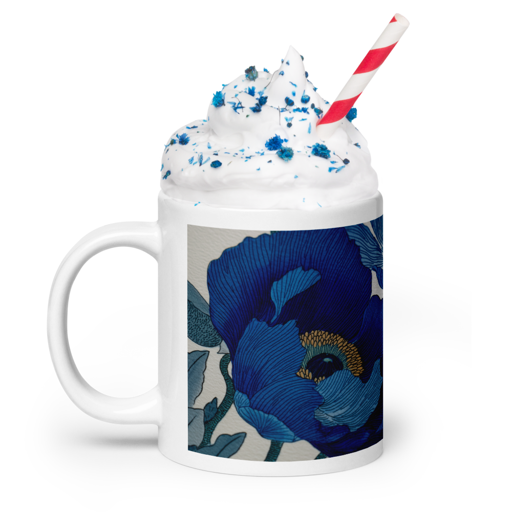 Mug with blue floral design filled with a white beverage and a red and white straw on a white background